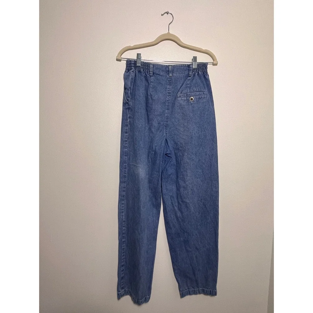 Vintage High Waisted Pleated Mom Jeans Medium Wash Elastic Waist‎ Tapered Leg